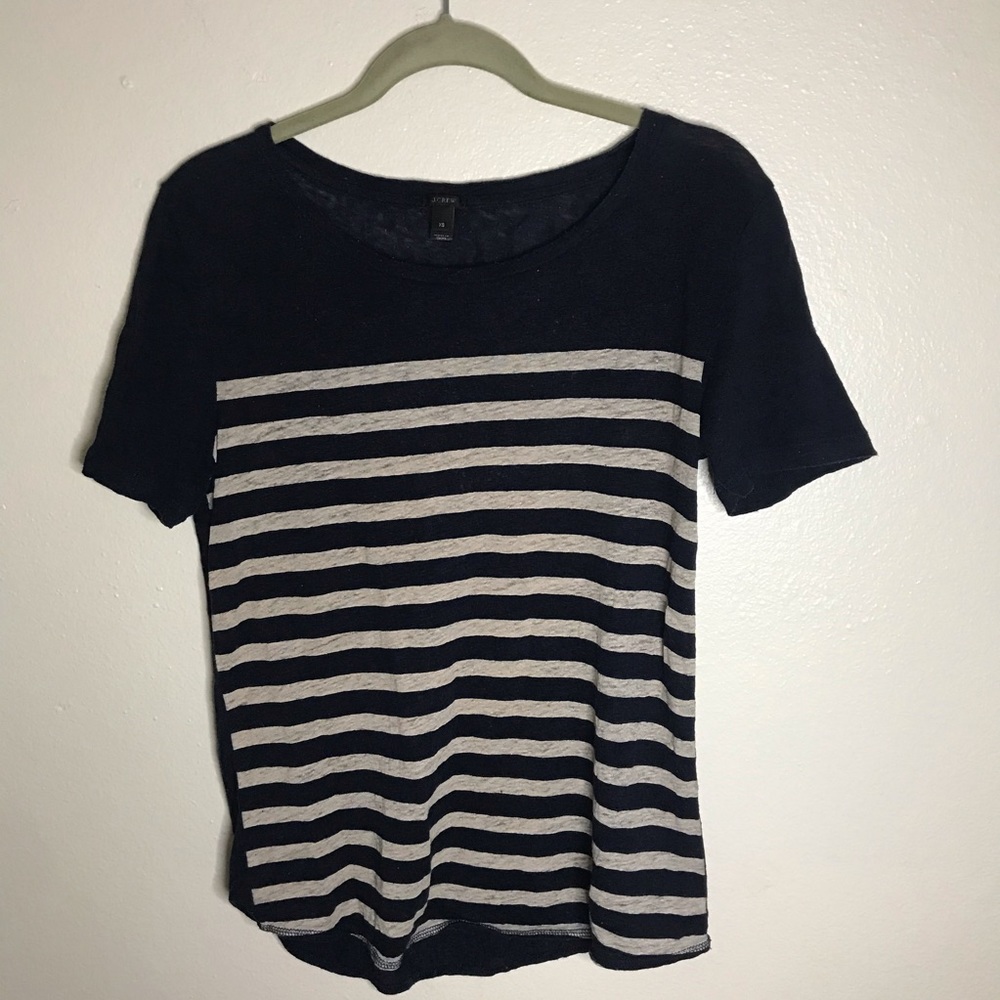 J crew linen short sleeve striped top blue beige